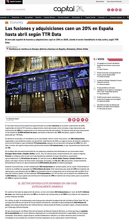 Las fusiones y adquisiciones caen un 20% en Espaa hasta abril segn TTR Data